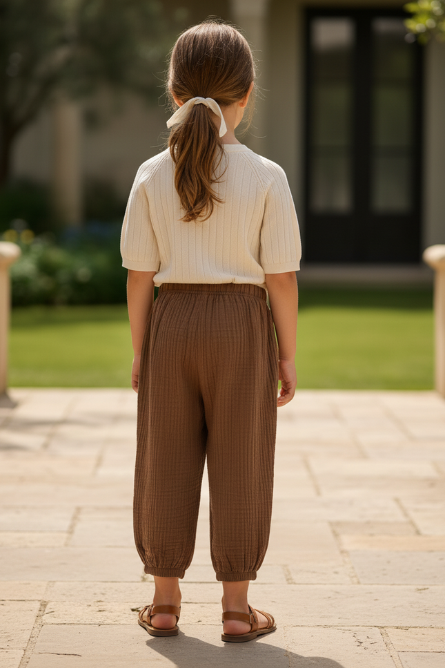 Pantalon En Lin Marron Ample Côtelé Enfant - vue 2