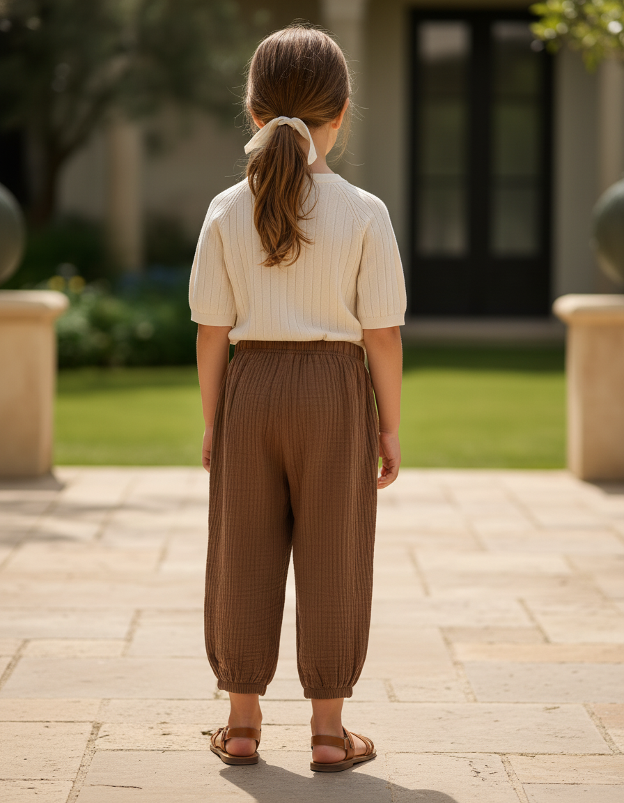 Pantalon En Lin Marron Ample Côtelé Enfant - vue 2