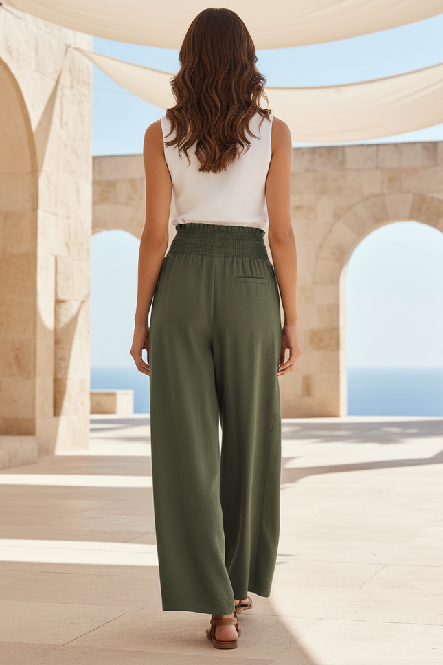 Pantalon En Lin Vert Ample Fluide Taille Haute - Kaki - vue 2