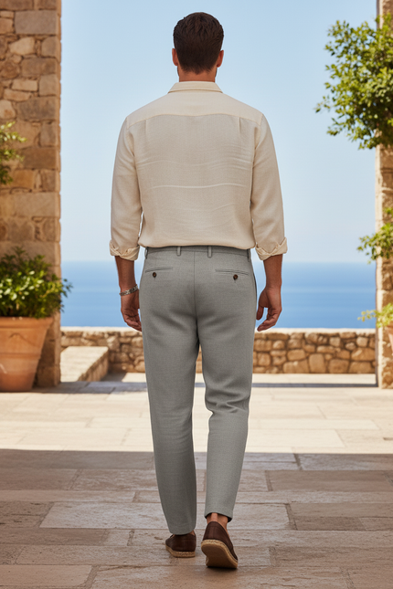 Pantalon En Lin Gris Clair Ample Cordon Léger Décontracté - vue 2
