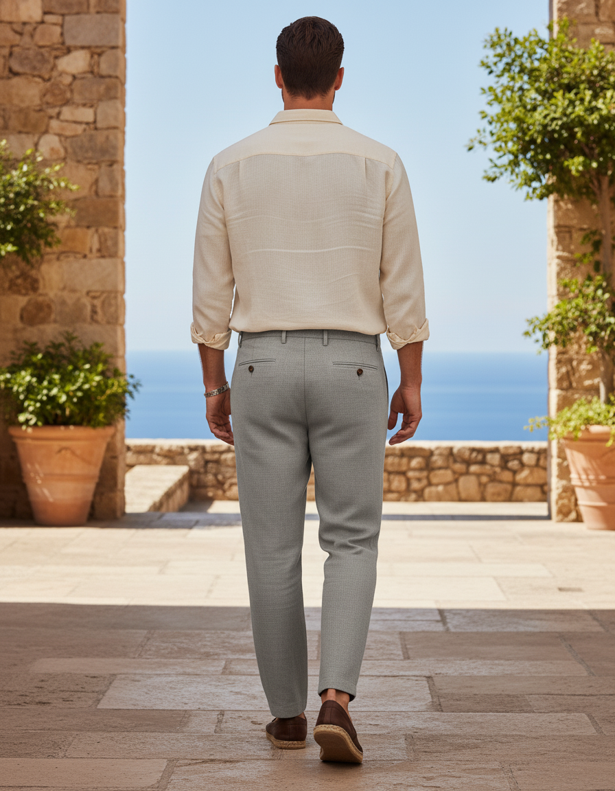 Pantalon En Lin Gris Clair Ample Cordon Léger Décontracté - vue 2