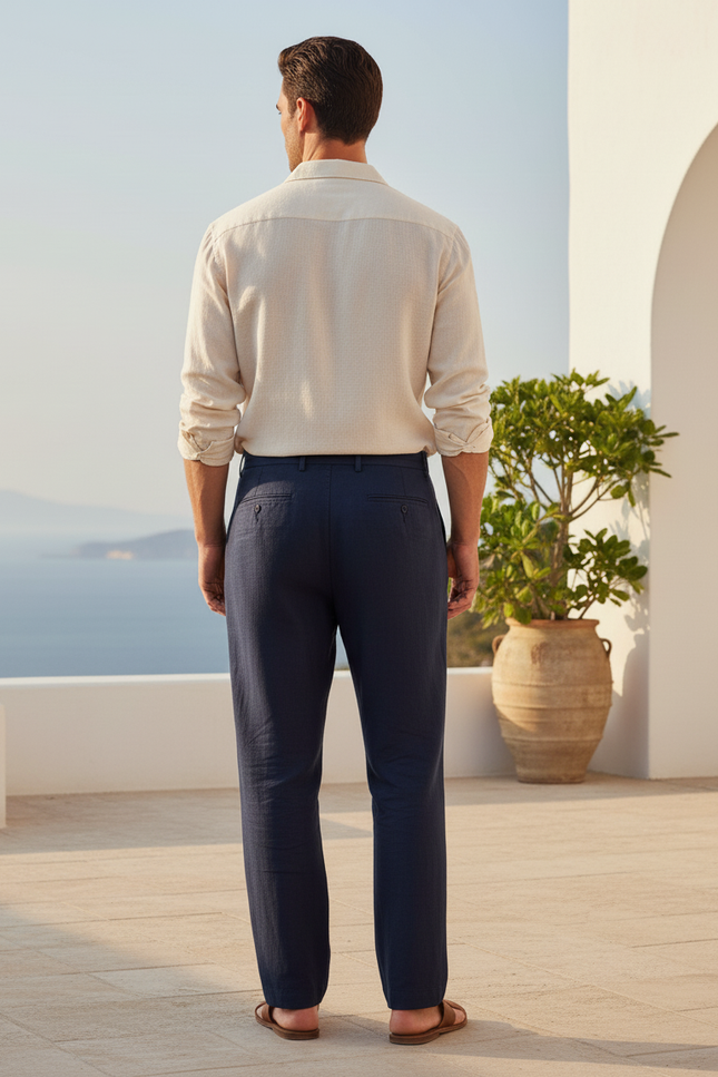 Pantalon En Lin Bleu Marine Plissé Décontracté Homme - vue 2