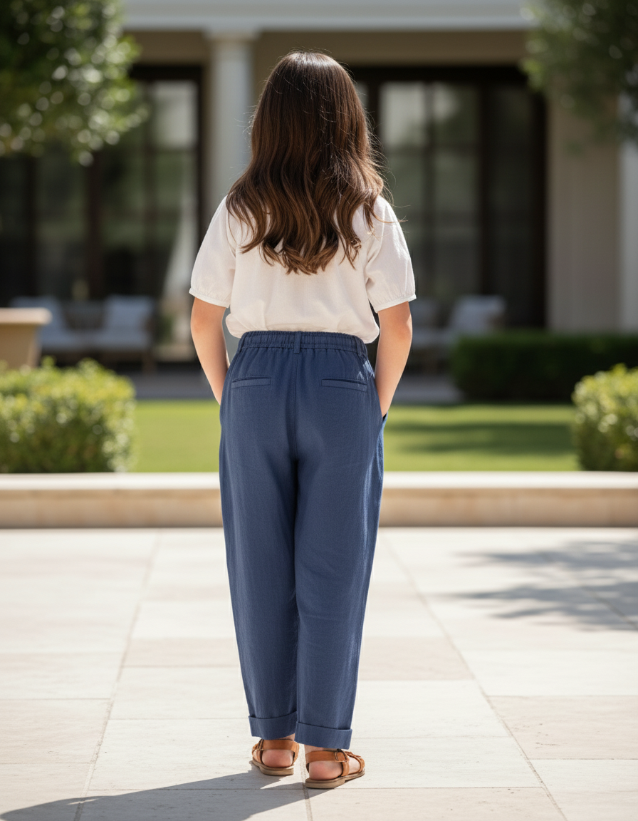Pantalon En Lin Bleu Ample Plissé Décontracté Enfant - vue 2