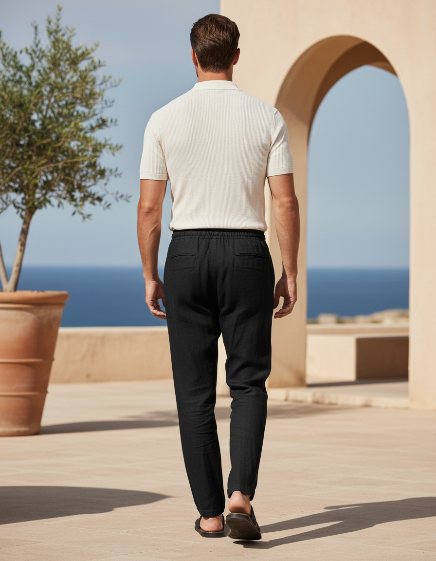 Pantalon En Lin Noir Décontracté Ample Homme - vue 2