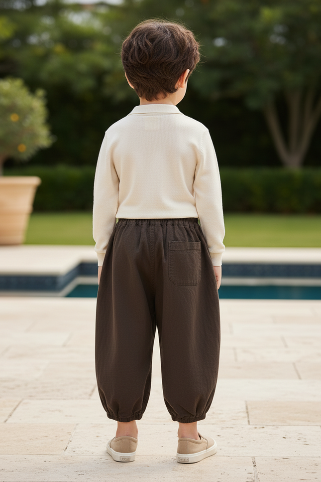 Pantalon En Lin Marron Ample Élastique Garçon Confortable - vue 2