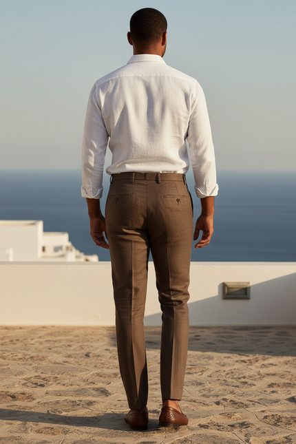 Pantalon En Lin Marron Plissé Droit Élégant Homme - vue 2