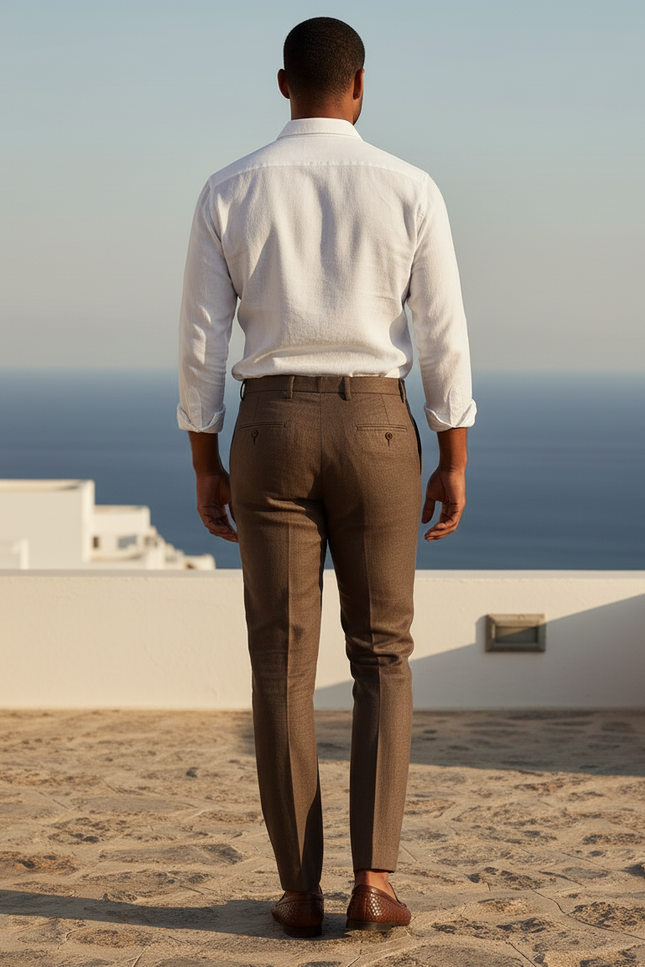 Pantalon En Lin Marron Plissé Droit Élégant Homme - vue 2