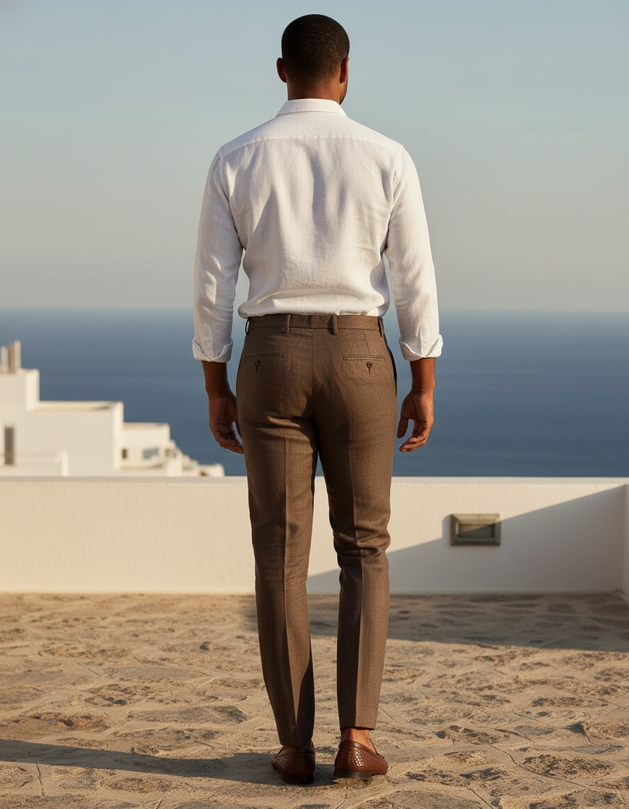 Pantalon En Lin Marron Plissé Droit Élégant Homme - vue 2