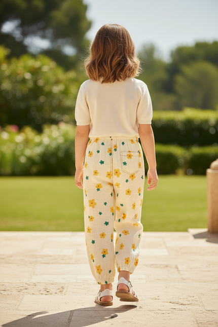 Pantalon En Lin Écru Fleuri Ample Fille - Beige - vue 2