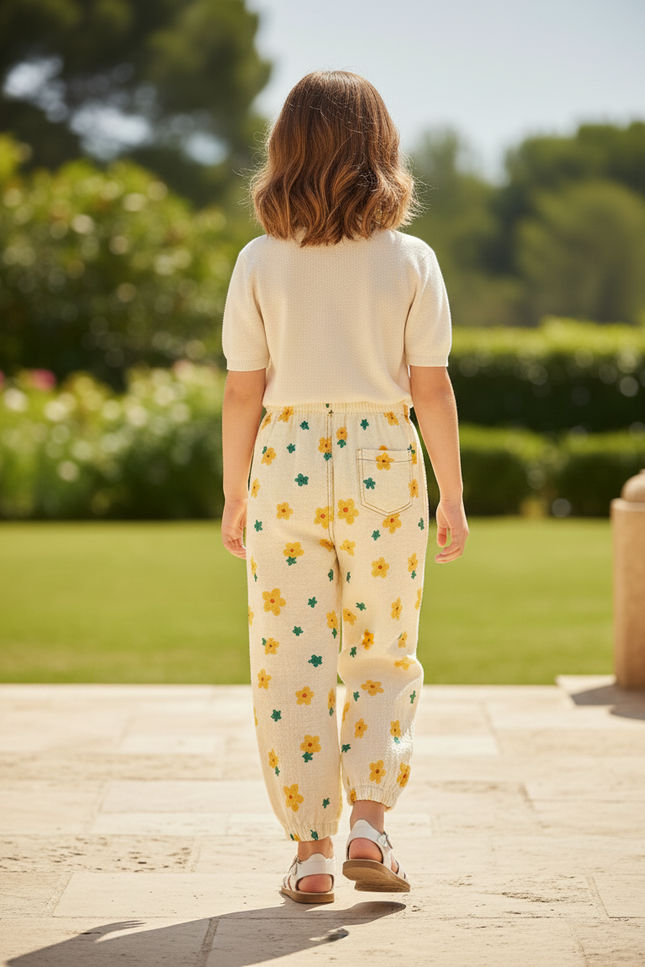 Pantalon En Lin Écru Fleuri Ample Fille - Beige - vue 2