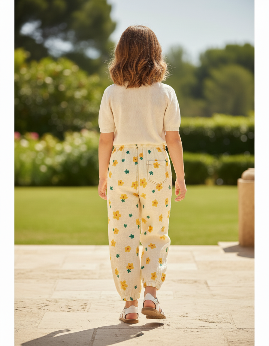 Pantalon En Lin Écru Fleuri Ample Fille - Beige - vue 2