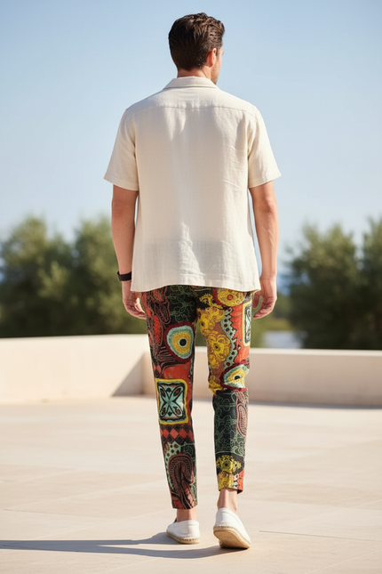 Pantalon En Lin Imprimé Ethnique Multicolore Coupe Slim Homme - vue 2