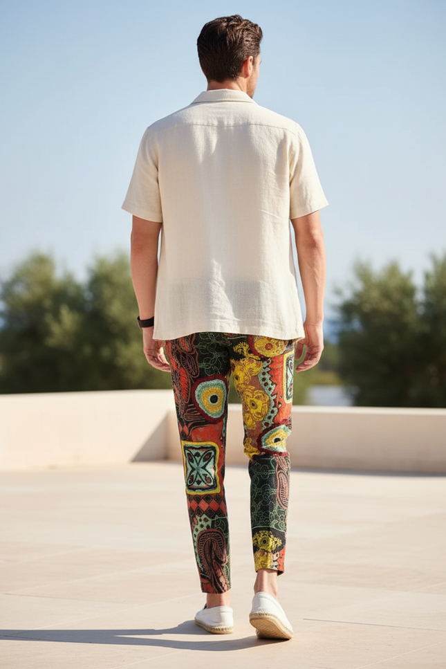 Pantalon En Lin Imprimé Ethnique Multicolore Coupe Slim Homme - vue 2