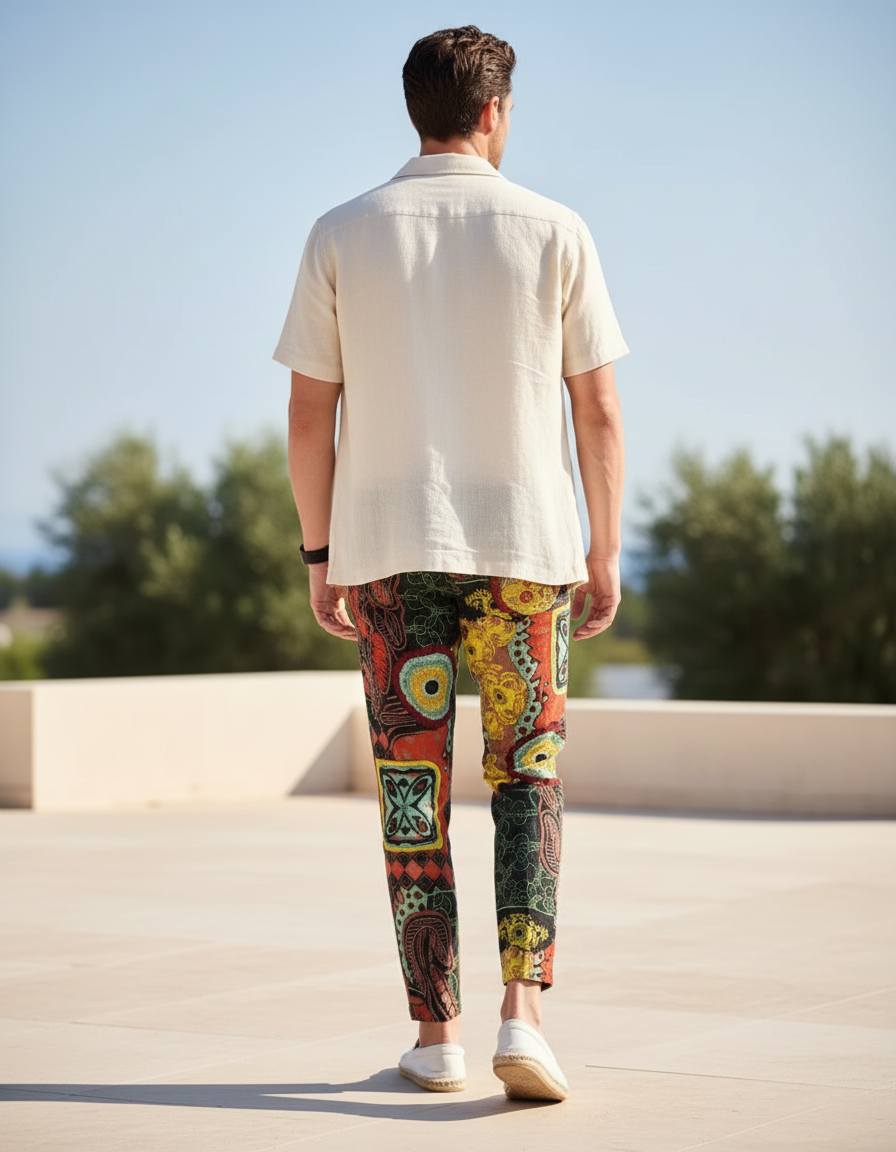 Pantalon En Lin Imprimé Ethnique Multicolore Coupe Slim Homme - vue 2