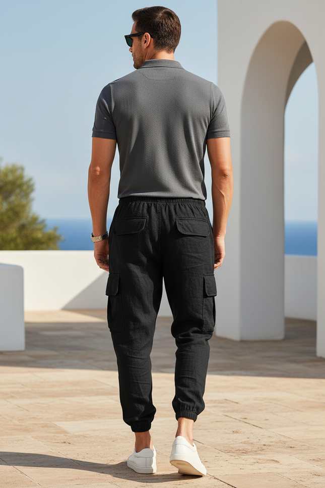 Pantalon Lin Cargo - Noir - vue 2