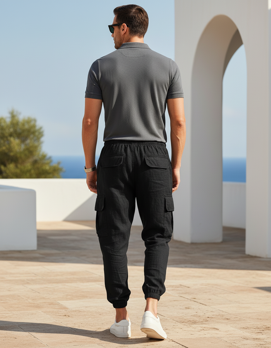 Pantalon Lin Cargo - Noir - vue 2