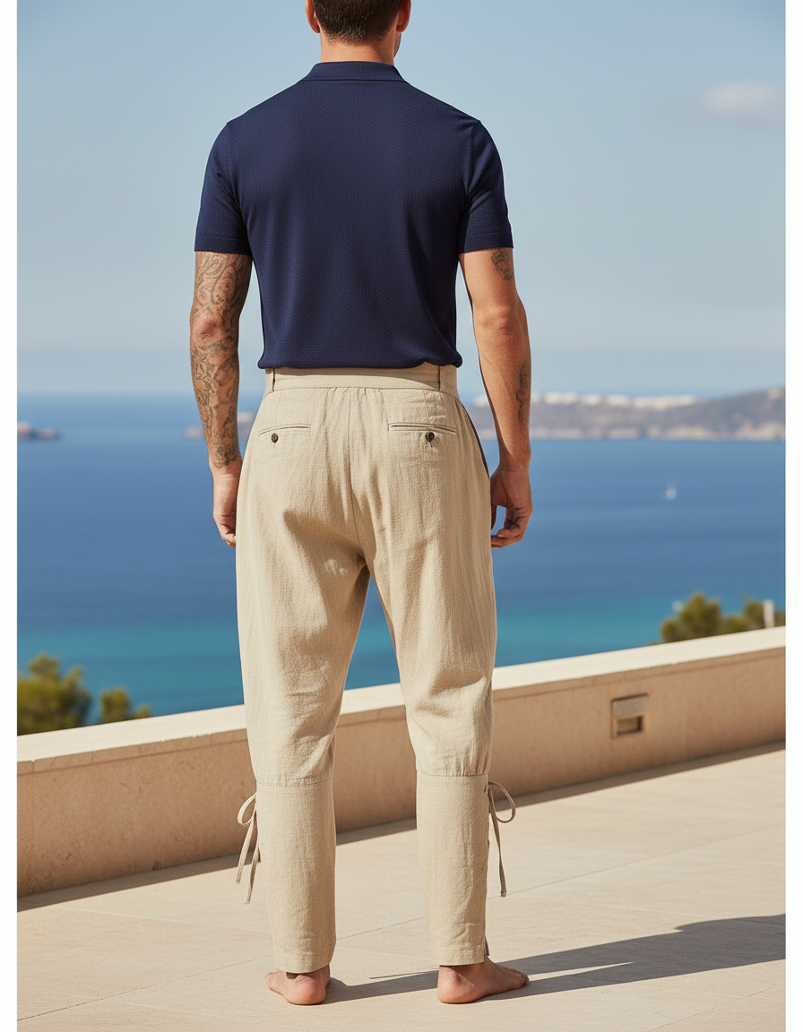 Pantalon En Lin Beige Médiéval Ample Lacets Homme - vue 2