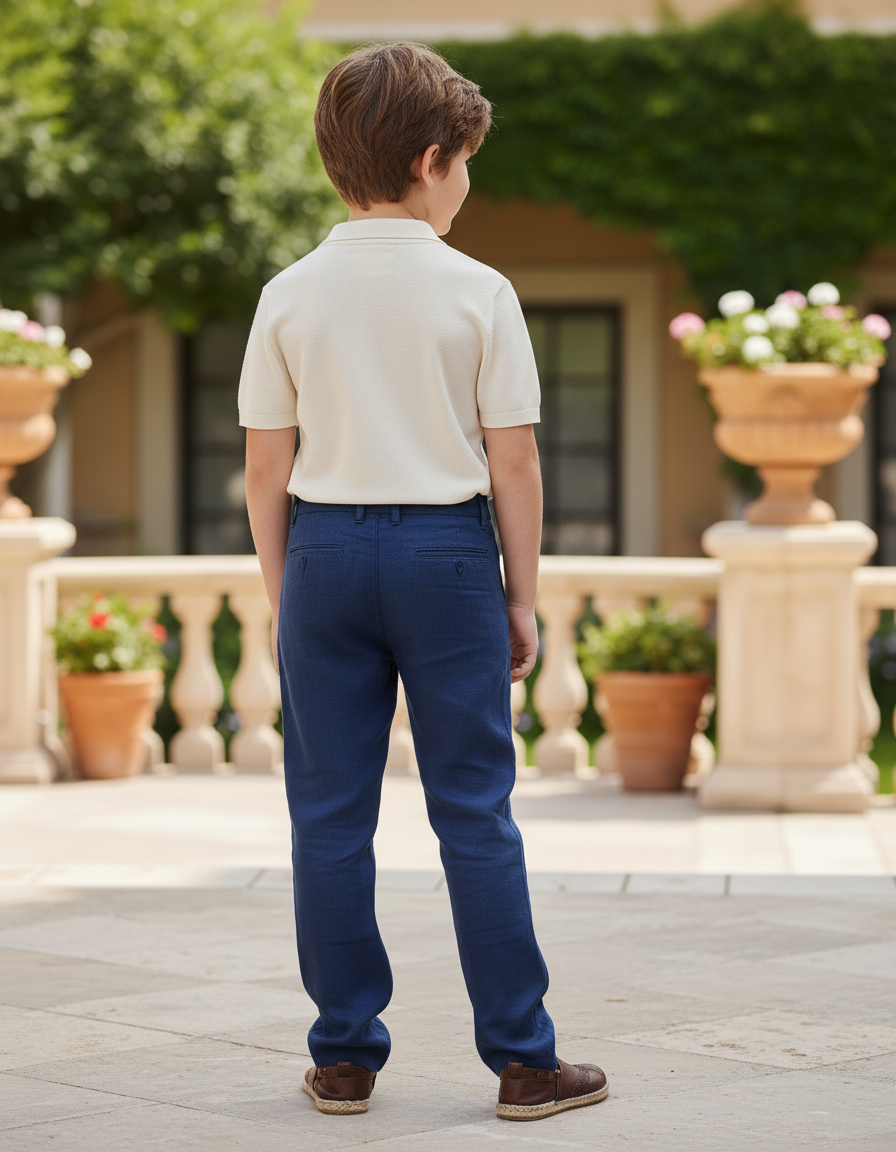 Pantalon En Lin Bleu Marine Ample Décontracté Garçon Léger - vue 2