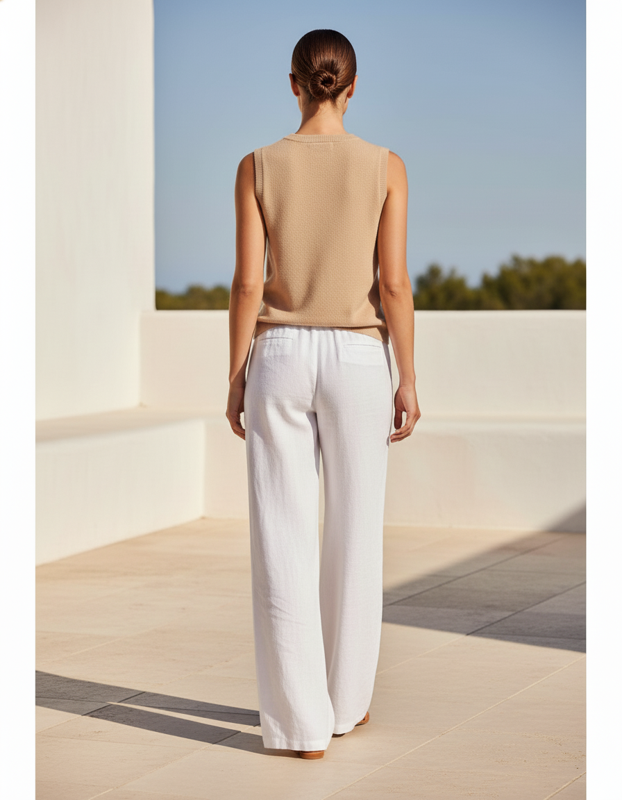 Pantalon En Lin Femme Blanc Coupe Ample Casual Été 2 - vue 2