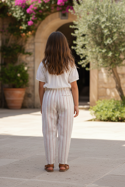 Pantalon En Lin Rayé Rose Et Blanc - vue 2