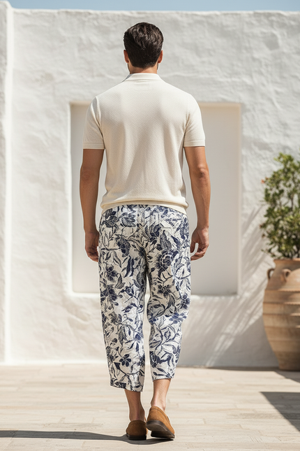 Pantalon En Lin Imprimé Floral Ample Décontracté Homme - vue 2
