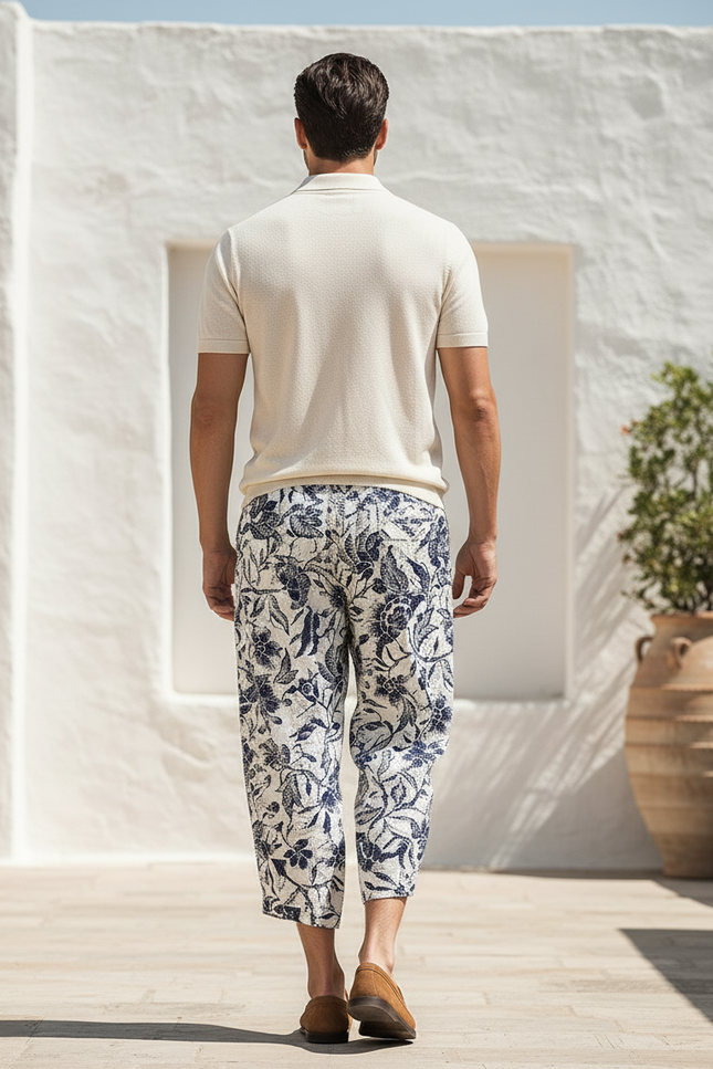 Pantalon En Lin Imprimé Floral Ample Décontracté Homme - vue 2