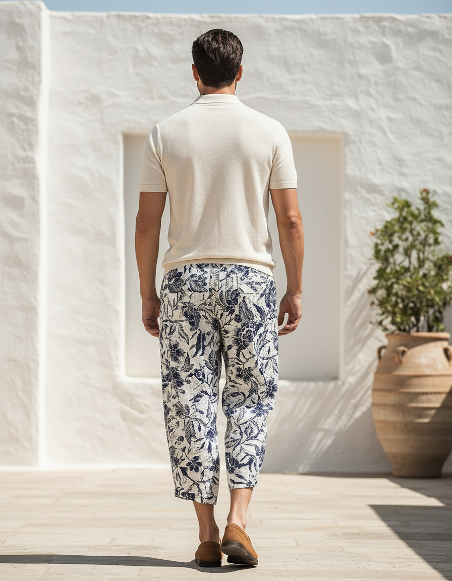 Pantalon En Lin Imprimé Floral Ample Décontracté Homme - vue 2