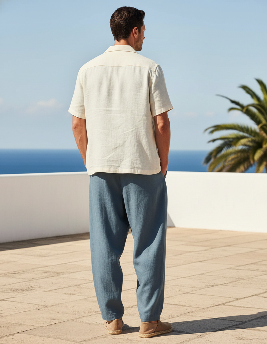 Pantalon En Lin Bleu Ample Décontracté Homme Moderne - vue 2