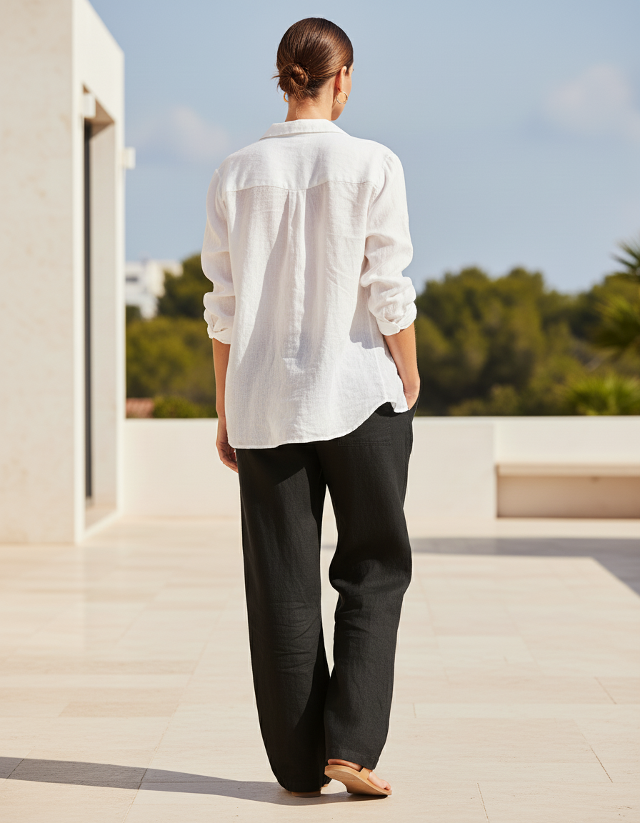 Pantalon En Lin Noir Ample Décontracté Léger Femme - vue 2