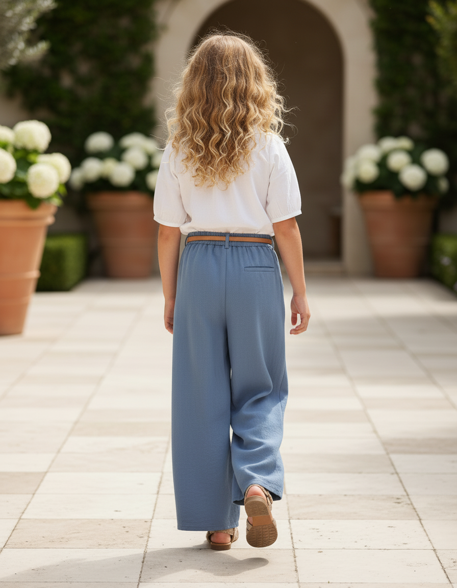 Pantalon En Lin Bleu Ample Fluide Enfant - vue 2