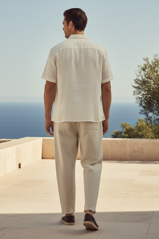 Pantalon En Lin Homme Beige Ample Droit Cordon - vue 2