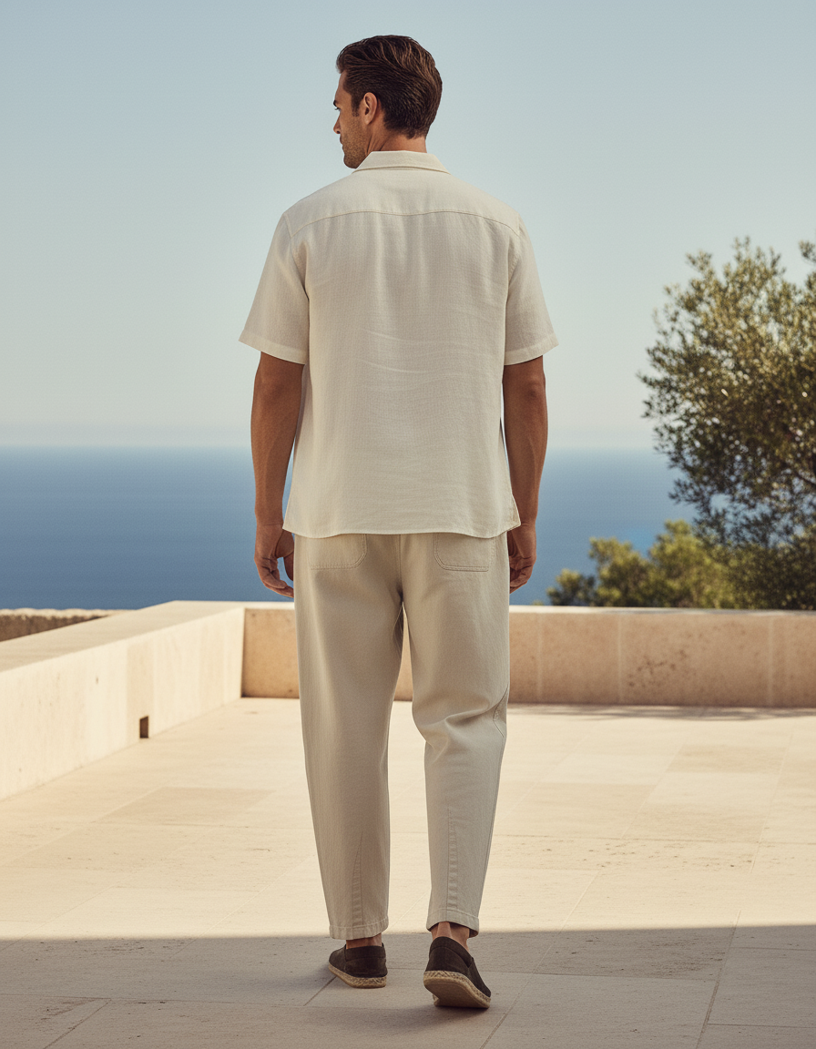 Pantalon En Lin Homme Beige Ample Droit Cordon - vue 2