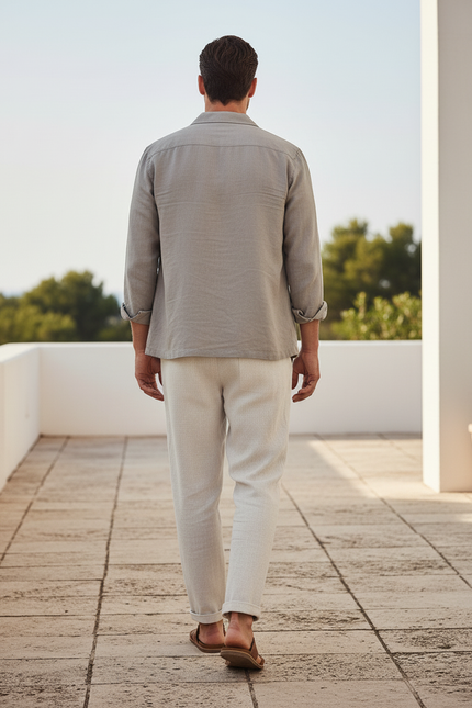 Pantalon En Lin Beige Cordon Décontracté Ample Homme - vue 2