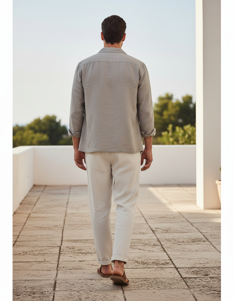 Pantalon En Lin Beige Cordon Décontracté Ample Homme - vue 2
