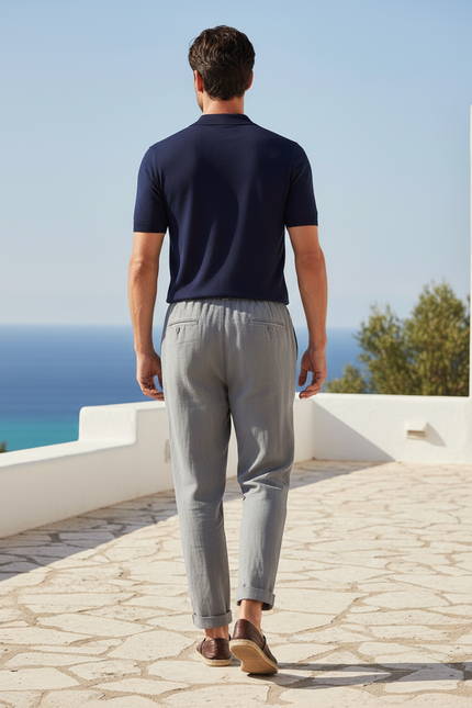 Pantalon En Lin Gris Cordon Ample Décontracté Homme - vue 2
