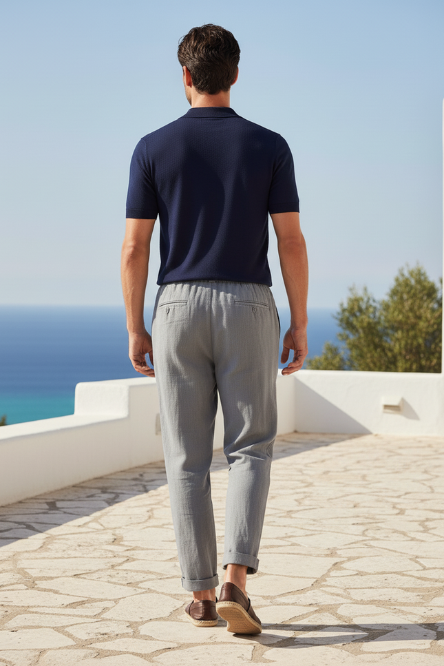 Pantalon En Lin Gris Cordon Ample Décontracté Homme - vue 2