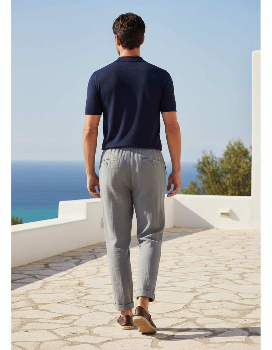 Pantalon En Lin Gris Cordon Ample Décontracté Homme - vue 2