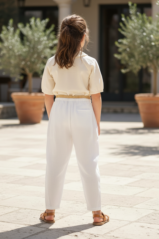 Pantalon En Lin Fille Écru Coupe Ample Casual - Blanc - vue 2