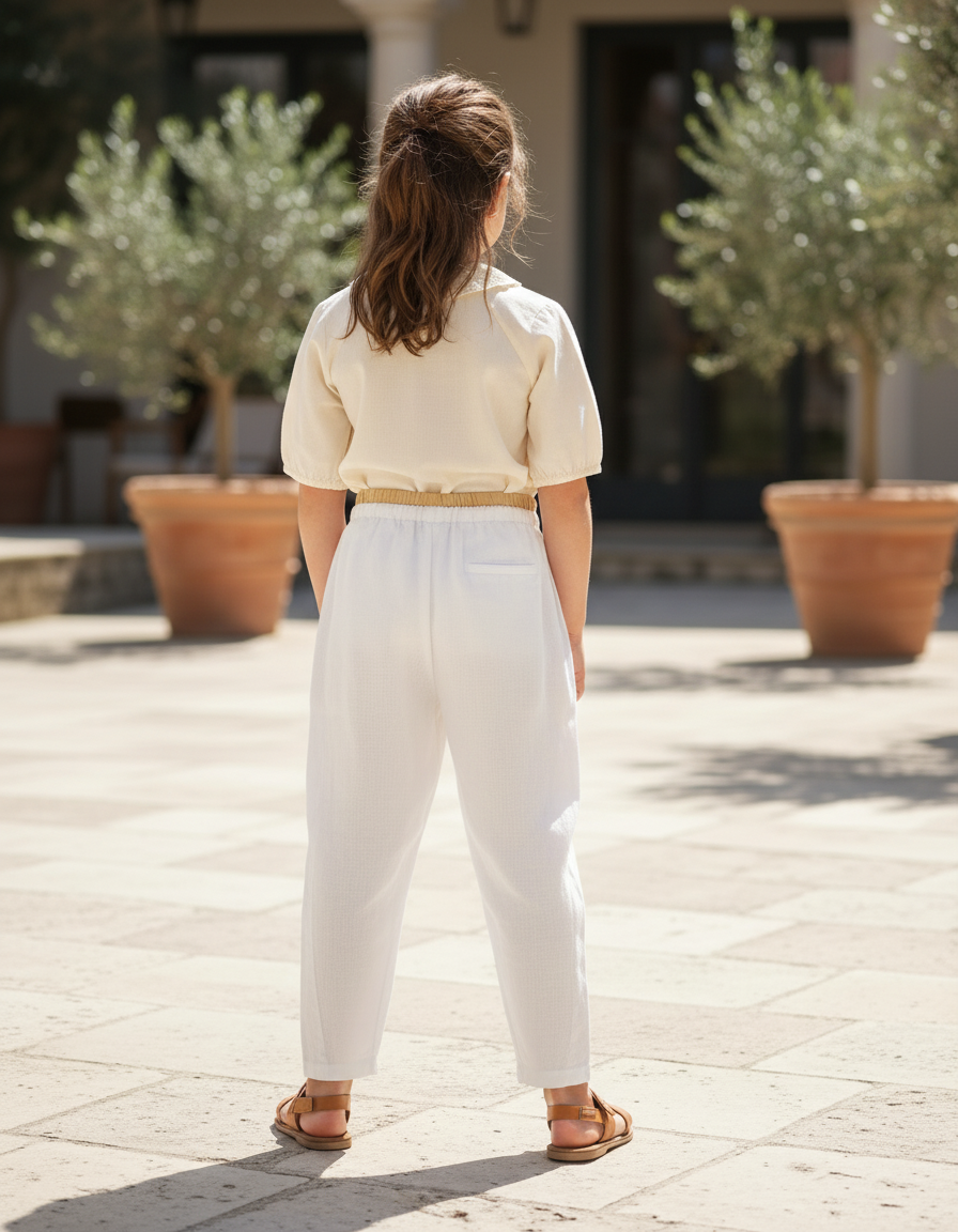 Pantalon En Lin Fille Écru Coupe Ample Casual - Blanc - vue 2
