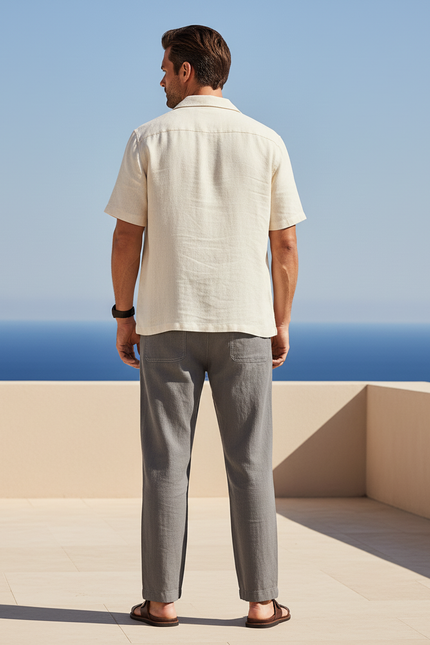 Pantalon En Lin Gris Droit Cordon Décontracté Homme - vue 2