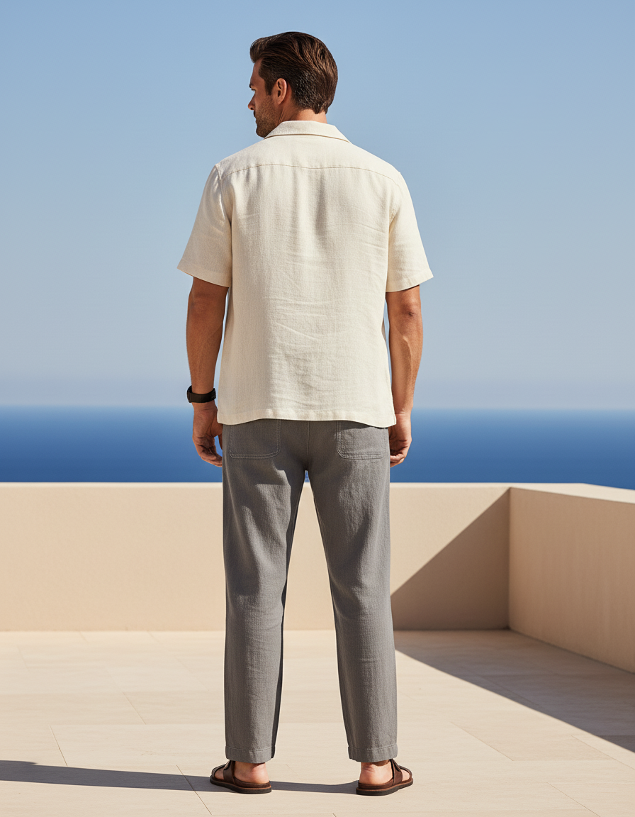 Pantalon En Lin Gris Droit Cordon Décontracté Homme - vue 2