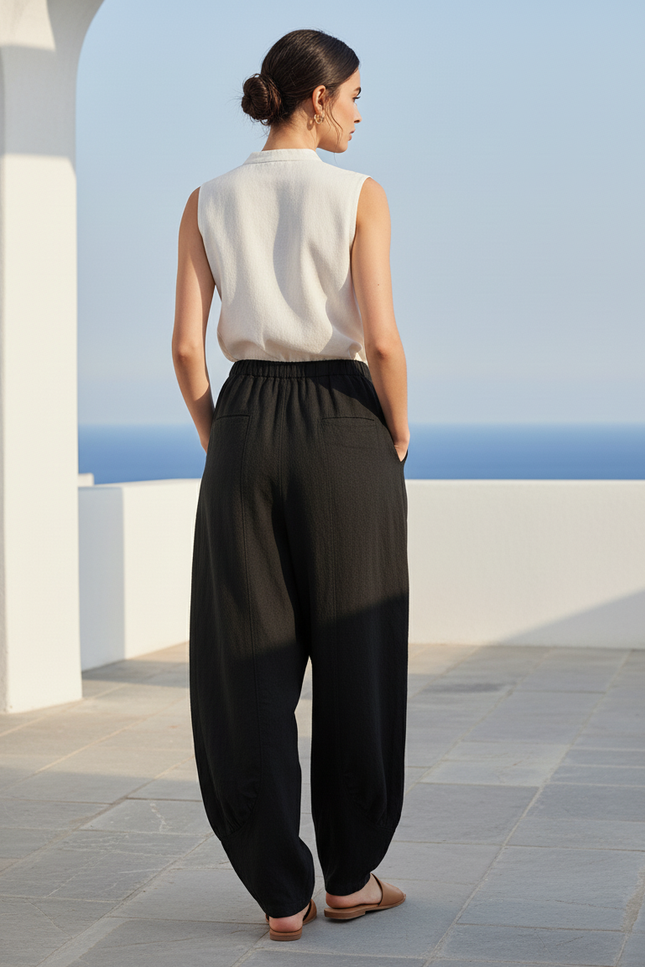 Pantalon En Lin Noir Ample Taille Haute Femme - vue 2