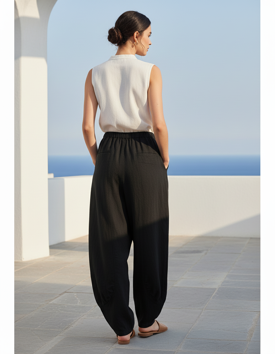 Pantalon En Lin Noir Ample Taille Haute Femme - vue 2