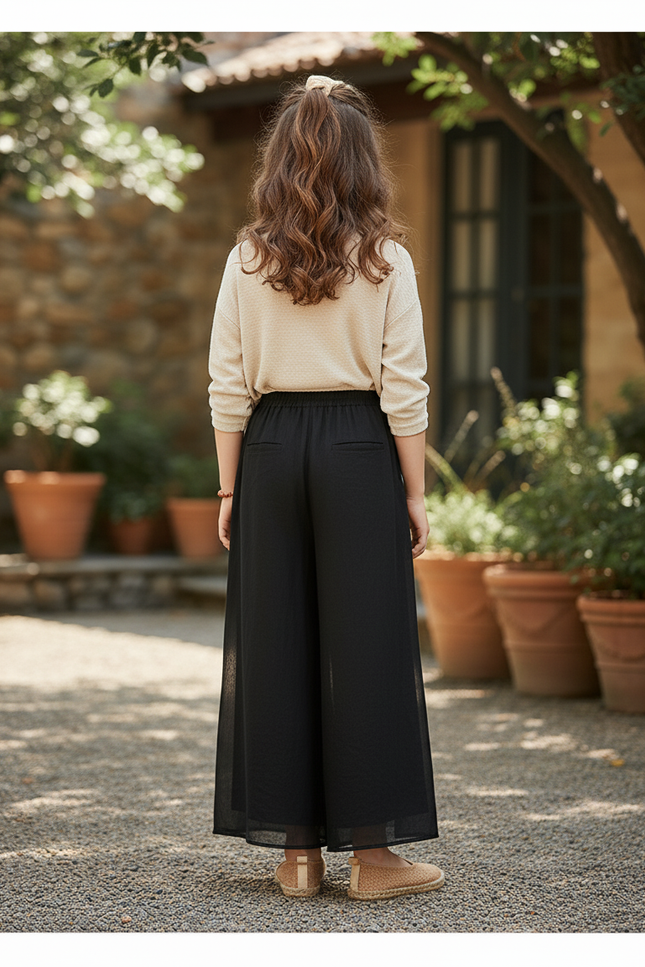 Pantalon En Lin Noir Ample Fluide Élastique Fille - vue 2