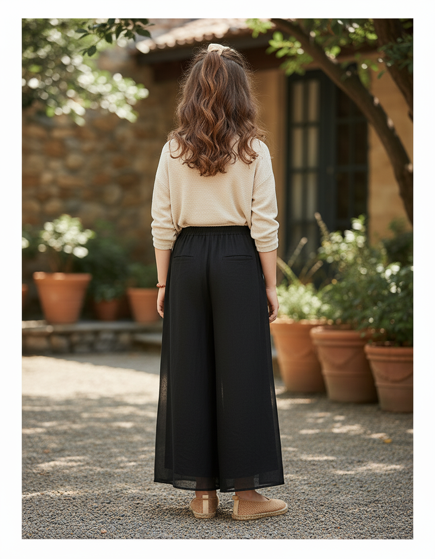 Pantalon En Lin Noir Ample Fluide Élastique Fille - vue 2