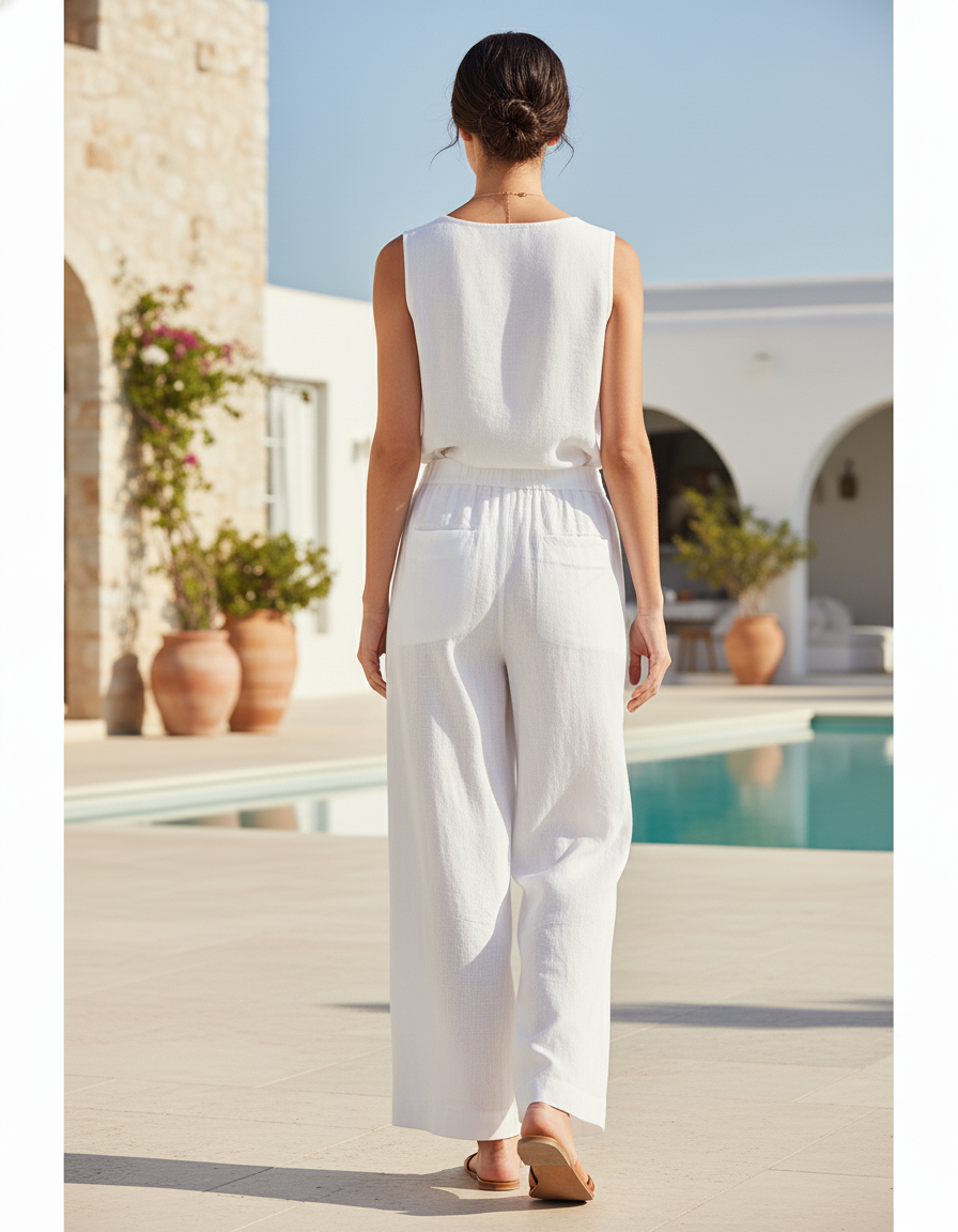 Pantalon En Lin Blanc Ample Taille Élastique Femme Fluide - vue 2