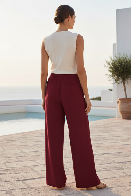 Pantalon En Lin Bordeau Ample Fluide Décontracté - Bordeaux - vue 2