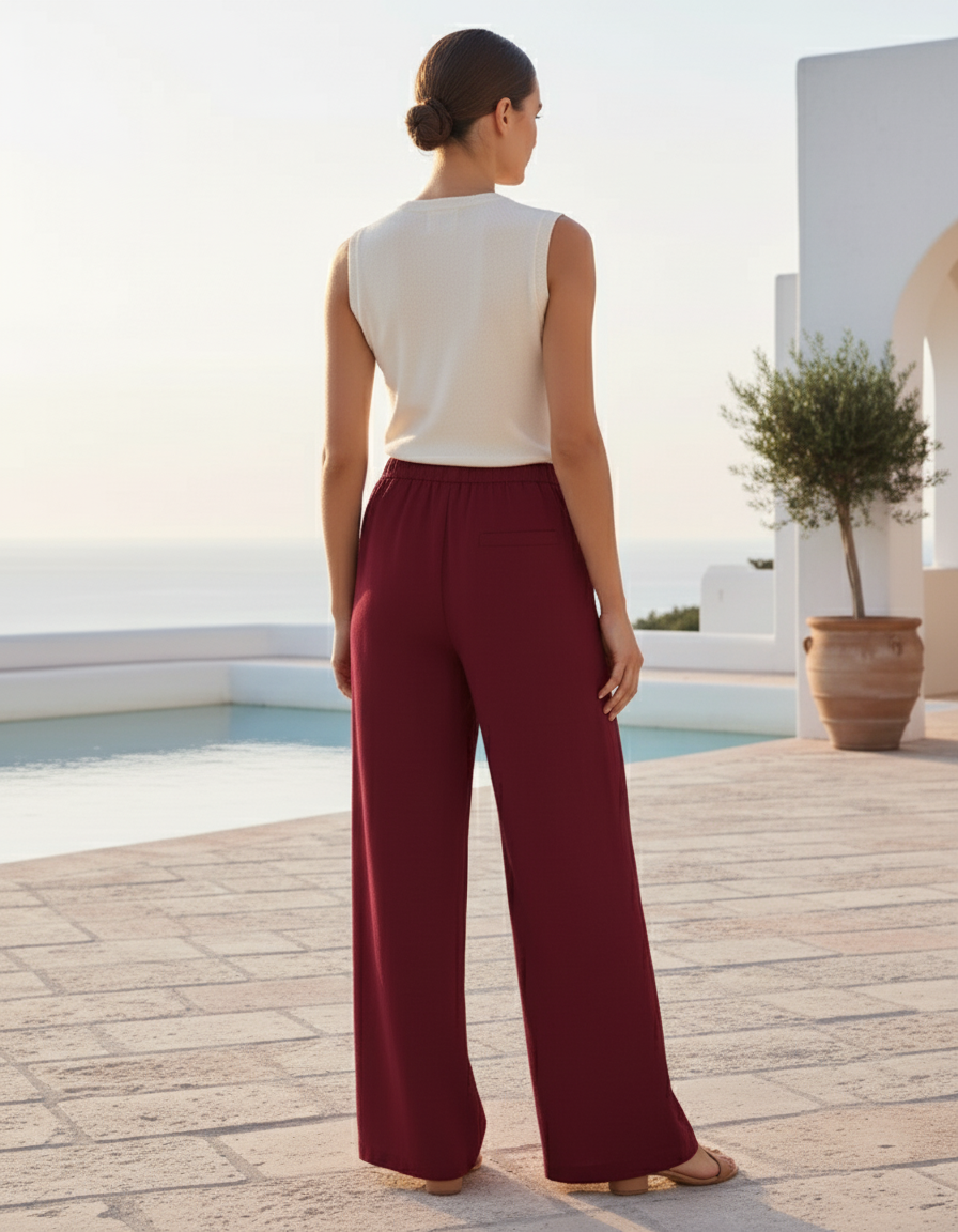 Pantalon En Lin Bordeau Ample Fluide Décontracté - Bordeaux - vue 2