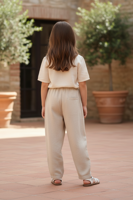 Pantalon En Lin Beige Ample Élastiqué Décontracté Enfant - vue 2