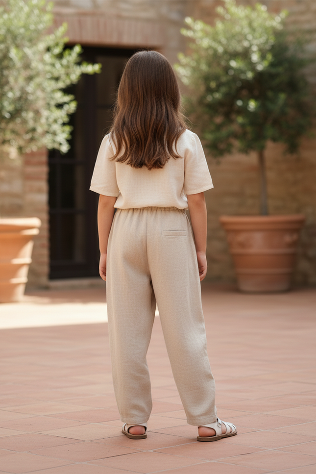 Pantalon En Lin Beige Ample Élastiqué Décontracté Enfant - vue 2